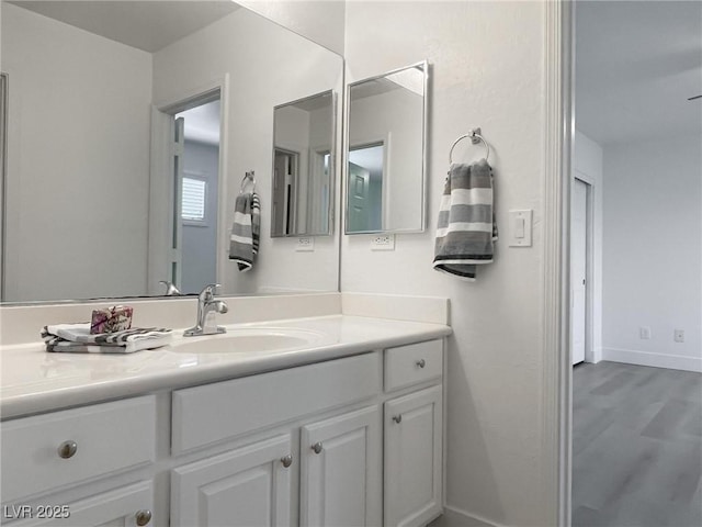 bathroom with vanity and wood-type flooring