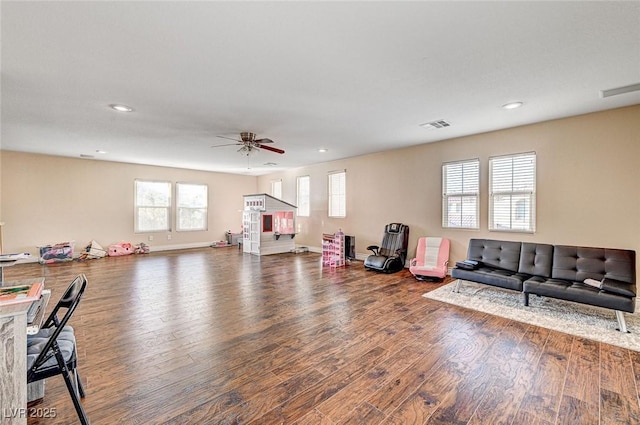 playroom featuring hardwood / wood-style floors and ceiling fan