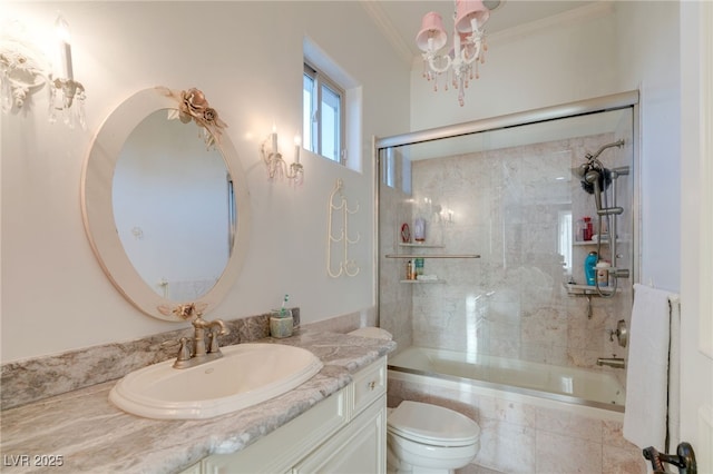 609 China Doll Pl, Henderson, NV 89012 - full bathroom with vanity, ornamental molding, shower / bath combination with glass door, and toilet