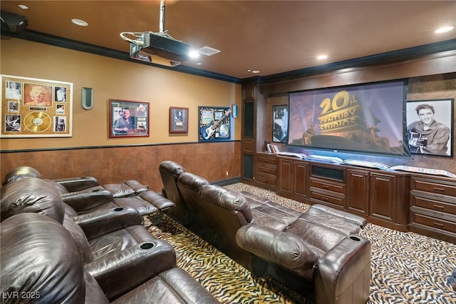 609 China Doll Pl, Henderson, NV 89012 - home theater room featuring light carpet, ornamental molding, and wood walls