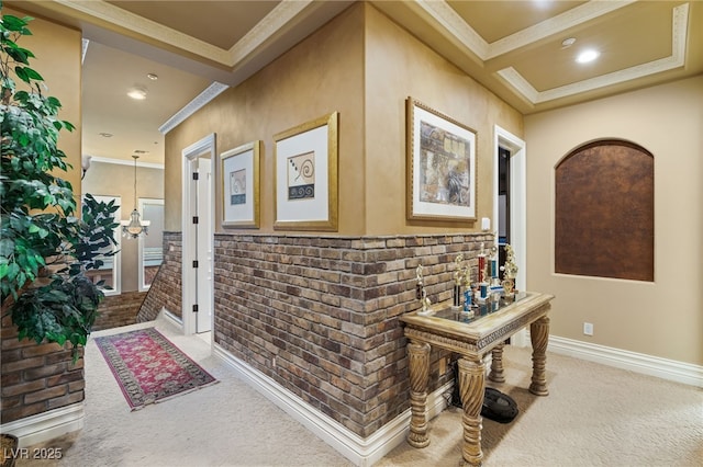 609 China Doll Pl, Henderson, NV 89012 - hallway featuring ornamental molding, coffered ceiling, beam ceiling, and carpet