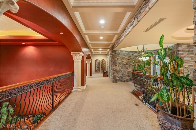 609 China Doll Pl, Henderson, NV 89012 - corridor featuring ornamental molding, carpet floors, decorative columns, and beamed ceiling