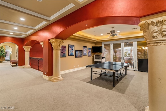 609 China Doll Pl, Henderson, NV 89012 - recreation room with french doors, ceiling fan, carpet, and ornate columns