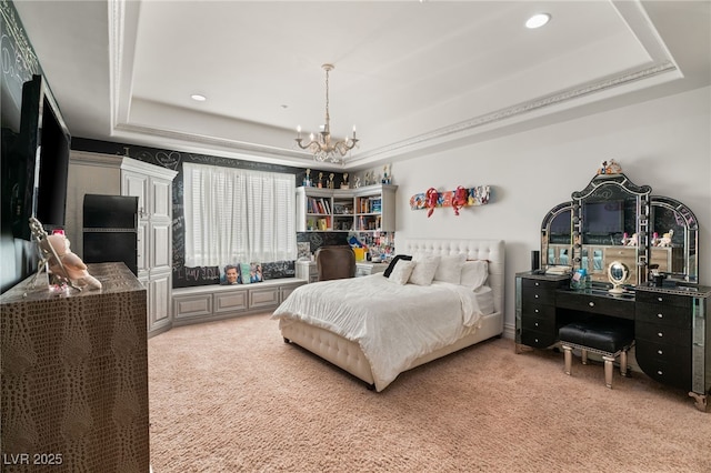 609 China Doll Pl, Henderson, NV 89012 - bedroom with carpet floors, a raised ceiling, and a chandelier