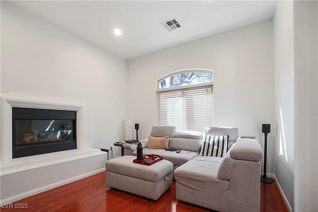 living room featuring dark wood-type flooring