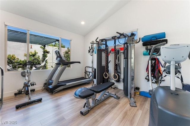 workout room featuring lofted ceiling and hardwood / wood-style floors