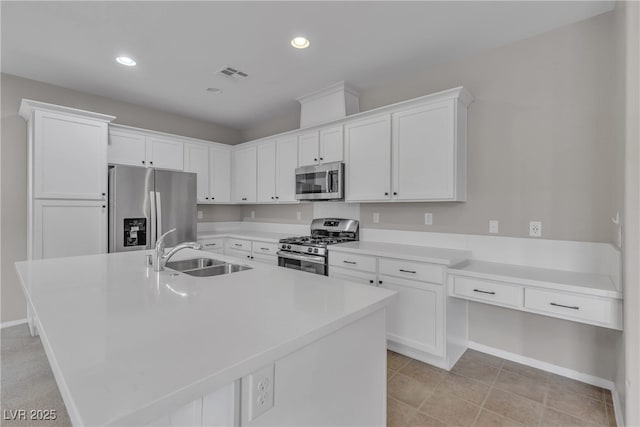 kitchen featuring stainless steel appliances, visible vents, a sink, and white cabinetry