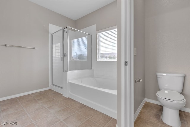 full bath with toilet, a stall shower, tile patterned flooring, and a bath