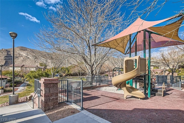 view of play area featuring a mountain view