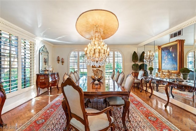 dining space featuring ornamental molding, parquet floors, and a chandelier