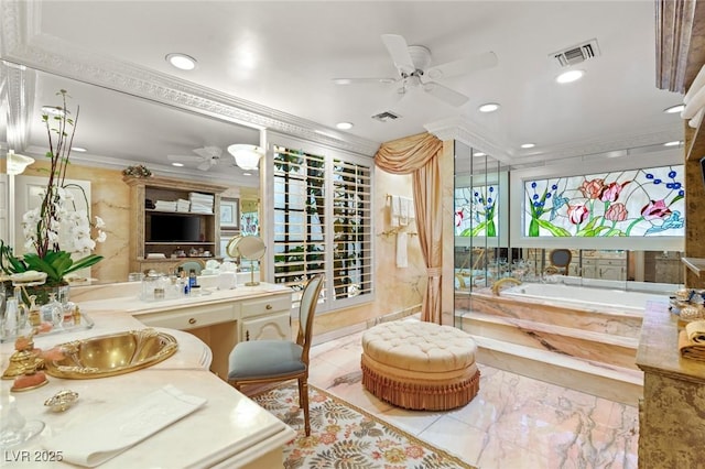 bathroom featuring tiled tub, crown molding, vanity, and ceiling fan