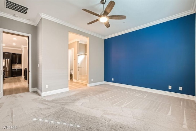 unfurnished bedroom featuring crown molding, light carpet, stainless steel fridge, and ceiling fan