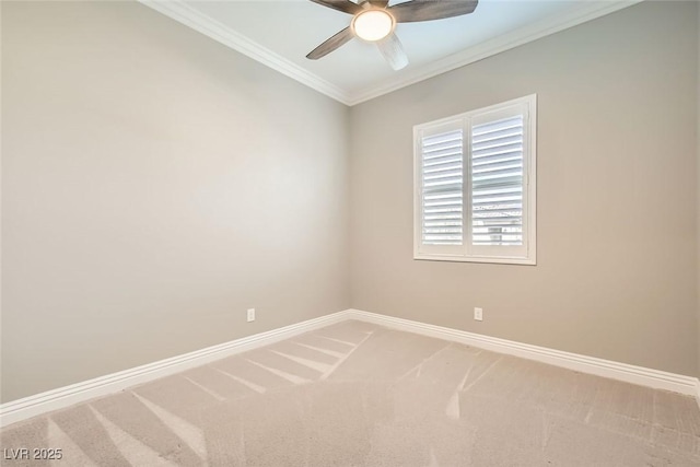 empty room featuring ceiling fan, ornamental molding, and carpet floors