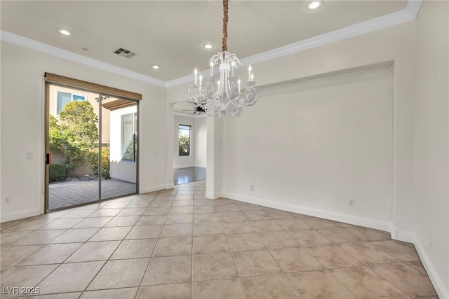 unfurnished room featuring crown molding, light tile patterned flooring, and ceiling fan with notable chandelier