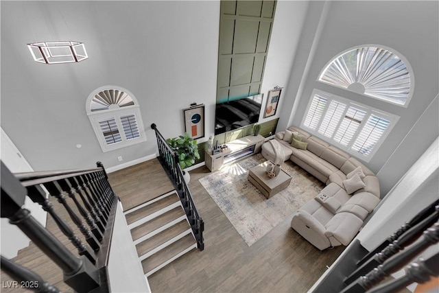 living room featuring dark hardwood / wood-style flooring and a high ceiling