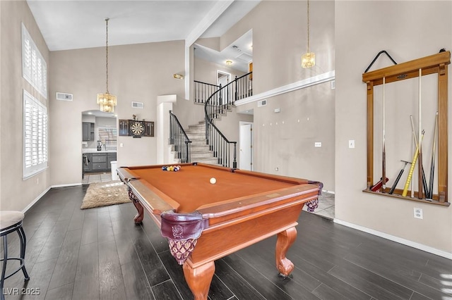 recreation room with sink, pool table, high vaulted ceiling, and dark hardwood / wood-style floors