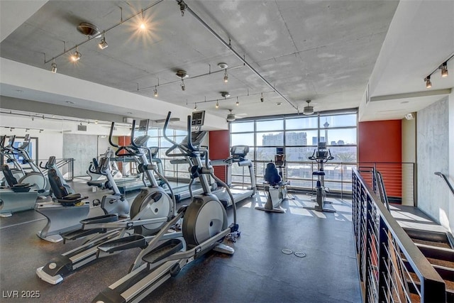 exercise room featuring expansive windows and ceiling fan