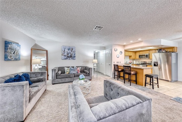 living room featuring light colored carpet and a textured ceiling