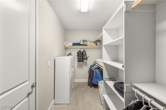 spacious closet featuring light colored carpet