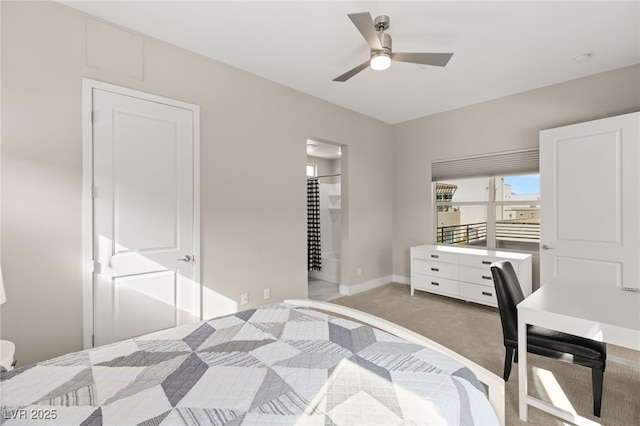 bedroom with ceiling fan and light colored carpet