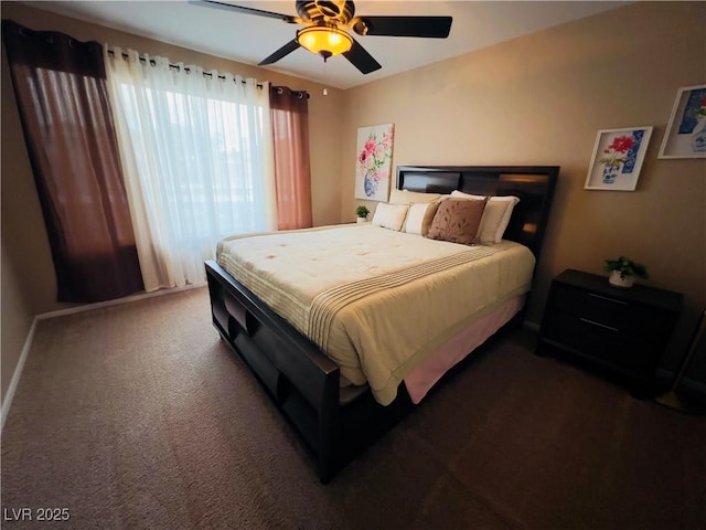 bedroom with carpet flooring, baseboards, and ceiling fan