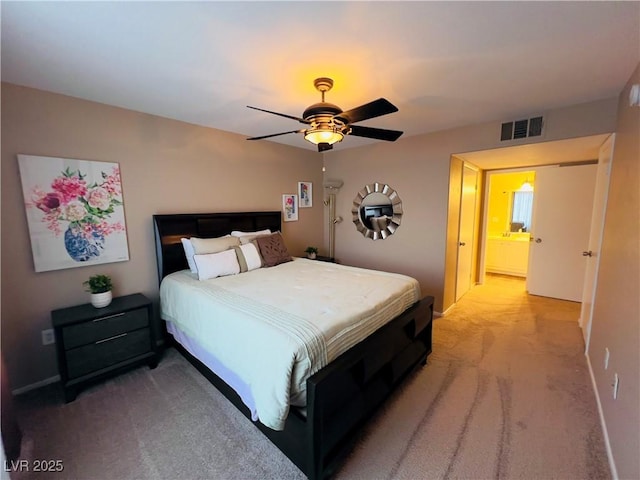 bedroom featuring visible vents, light carpet, baseboards, and ceiling fan