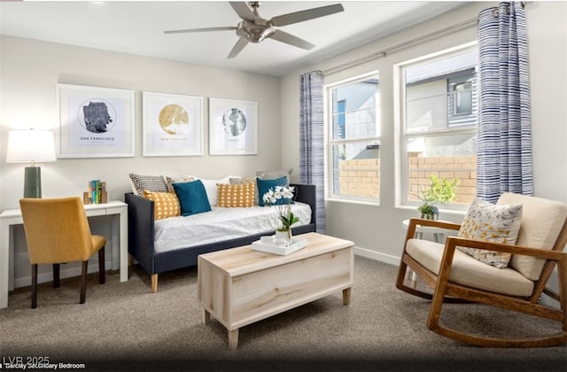 living room with carpet floors and ceiling fan