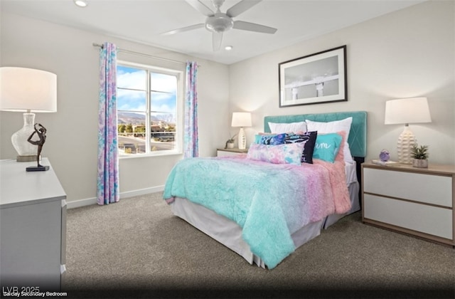 carpeted bedroom with ceiling fan