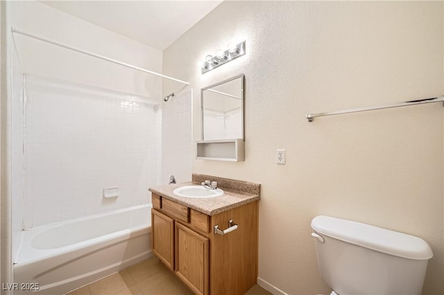 full bathroom with bathtub / shower combination, vanity, toilet, and tile patterned flooring