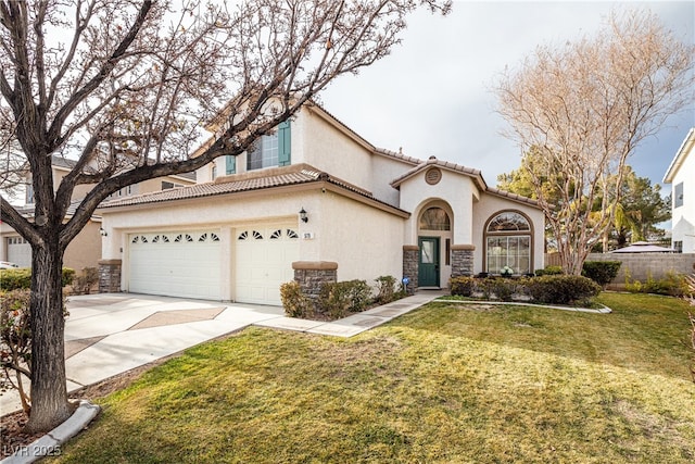 view of front of property featuring a garage and a front lawn