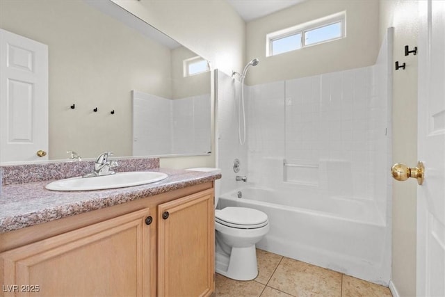 full bath featuring toilet, tile patterned flooring, shower / tub combination, and vanity