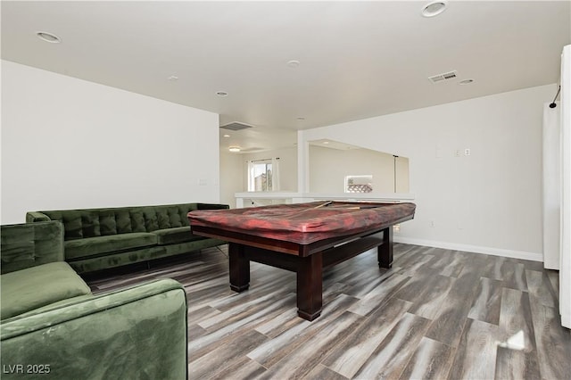 game room with wood-type flooring and billiards