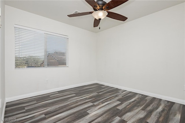 unfurnished room featuring ceiling fan and dark hardwood / wood-style flooring