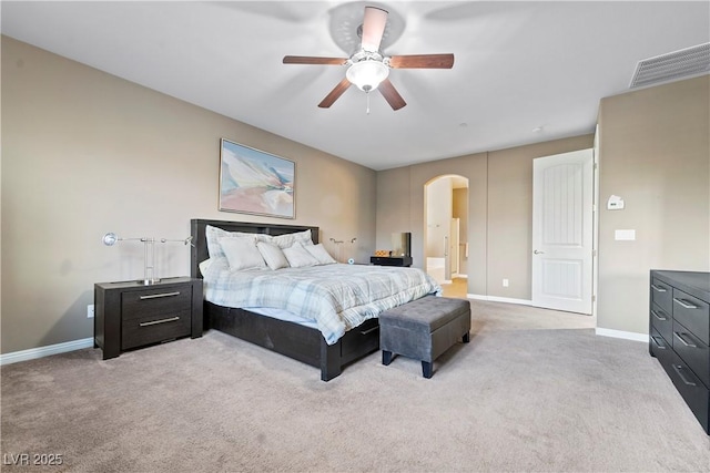 carpeted bedroom featuring ceiling fan