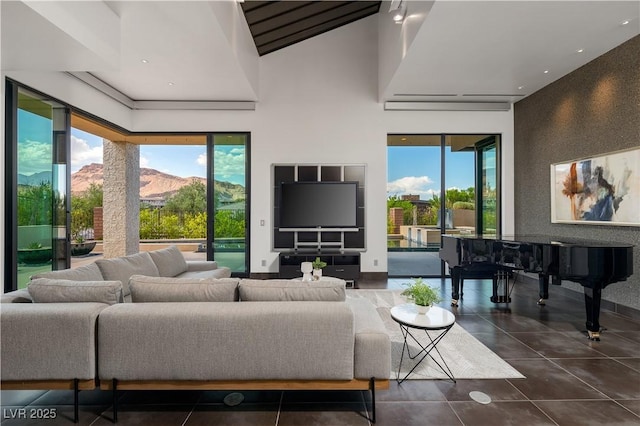 living room featuring dark tile patterned flooring