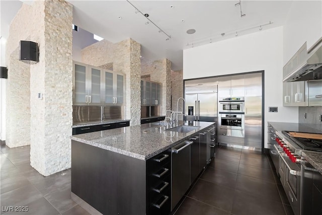 kitchen with rail lighting, sink, a center island with sink, light stone countertops, and a high ceiling