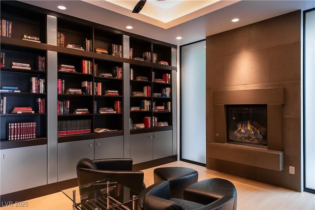 living area with built in shelves and a large fireplace