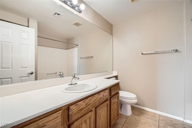 bathroom with vanity, toilet, tile patterned flooring, and a shower