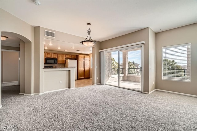 unfurnished living room with light carpet