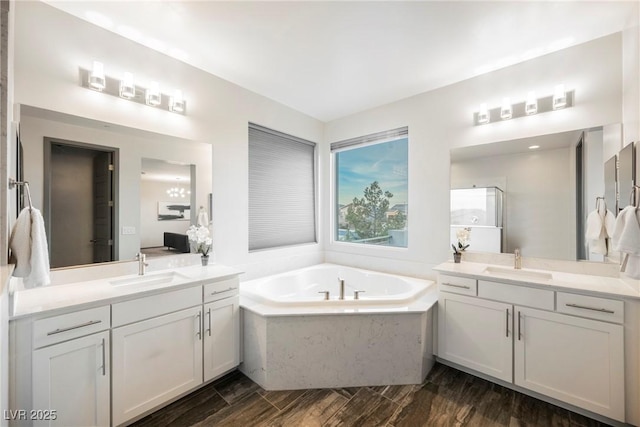 bathroom featuring vanity and separate shower and tub