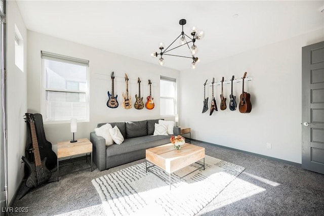 living room featuring carpet floors and an inviting chandelier