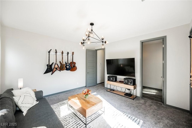 living room featuring carpet floors and a notable chandelier