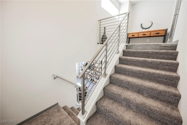 staircase featuring carpet