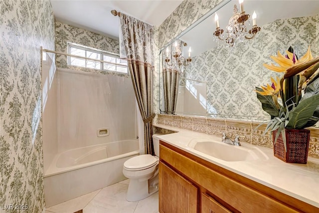 full bathroom featuring vanity, tile patterned floors, toilet, and shower / bath combo