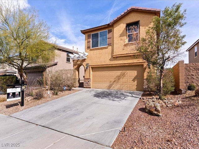 traditional home with stucco siding, concrete driveway, a garage, stone siding, and a tile roof