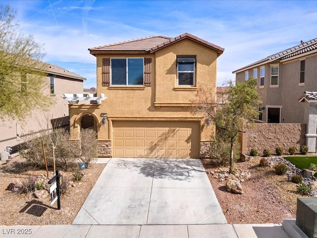 view of front of property featuring driveway, stucco siding, stone siding, a garage, and a tile roof