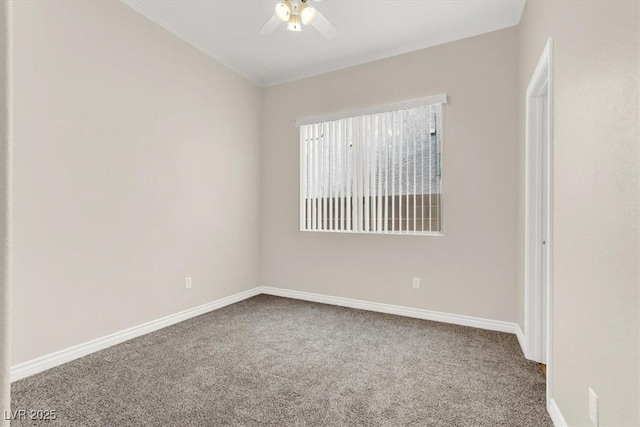 spare room with ceiling fan, carpet floors, and ornamental molding