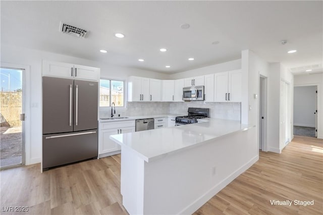 kitchen with stainless steel appliances, white cabinetry, sink, and decorative backsplash