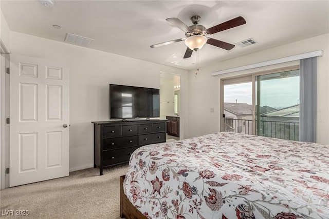 bedroom featuring light carpet, access to outside, and ceiling fan