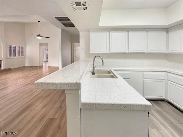 kitchen featuring sink, white cabinets, light hardwood / wood-style floors, and kitchen peninsula